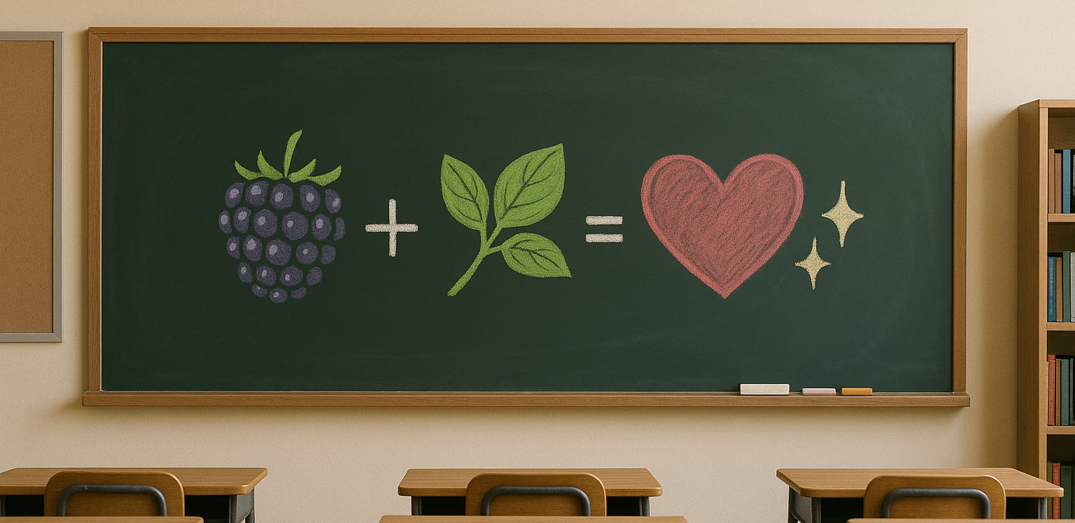 A chalkboard drawing reading: Blackberry + Basil = Love.