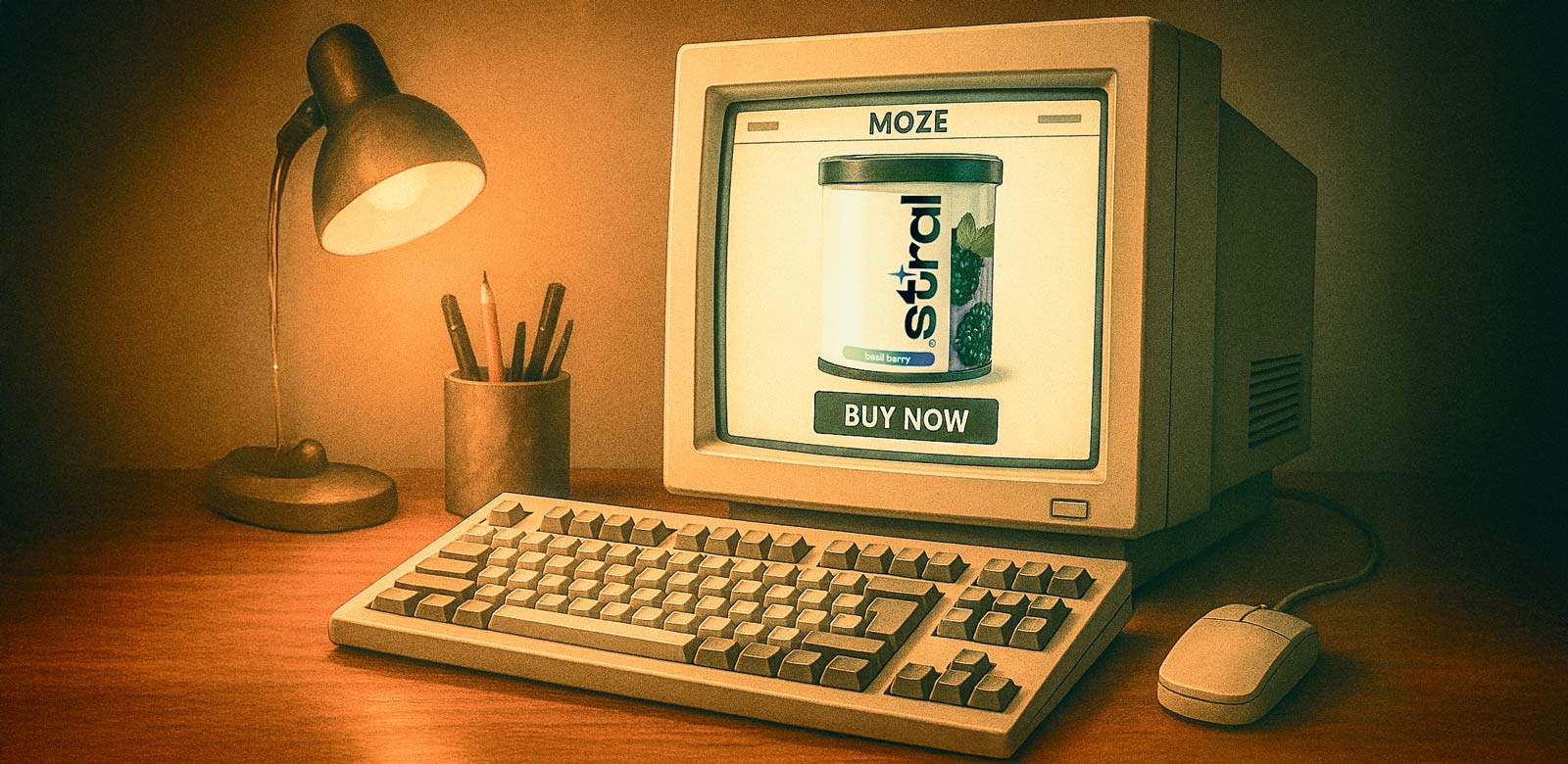 A computer monitor showing the Moze online shop with stral Basil Barry open