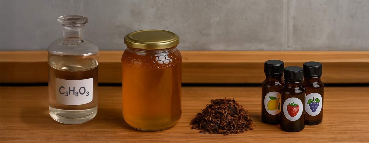 An overview of hookah tobacco ingredients, including glycerin, honey, raw tobacco, and flavors