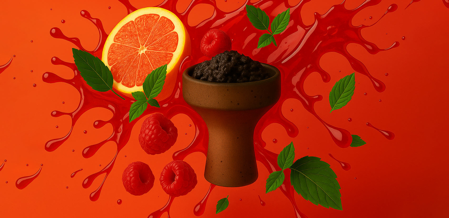 A hookah bowl packed with dark blend tobacco, surrounded by mint leaves, raspberries, and half a grapefruit.