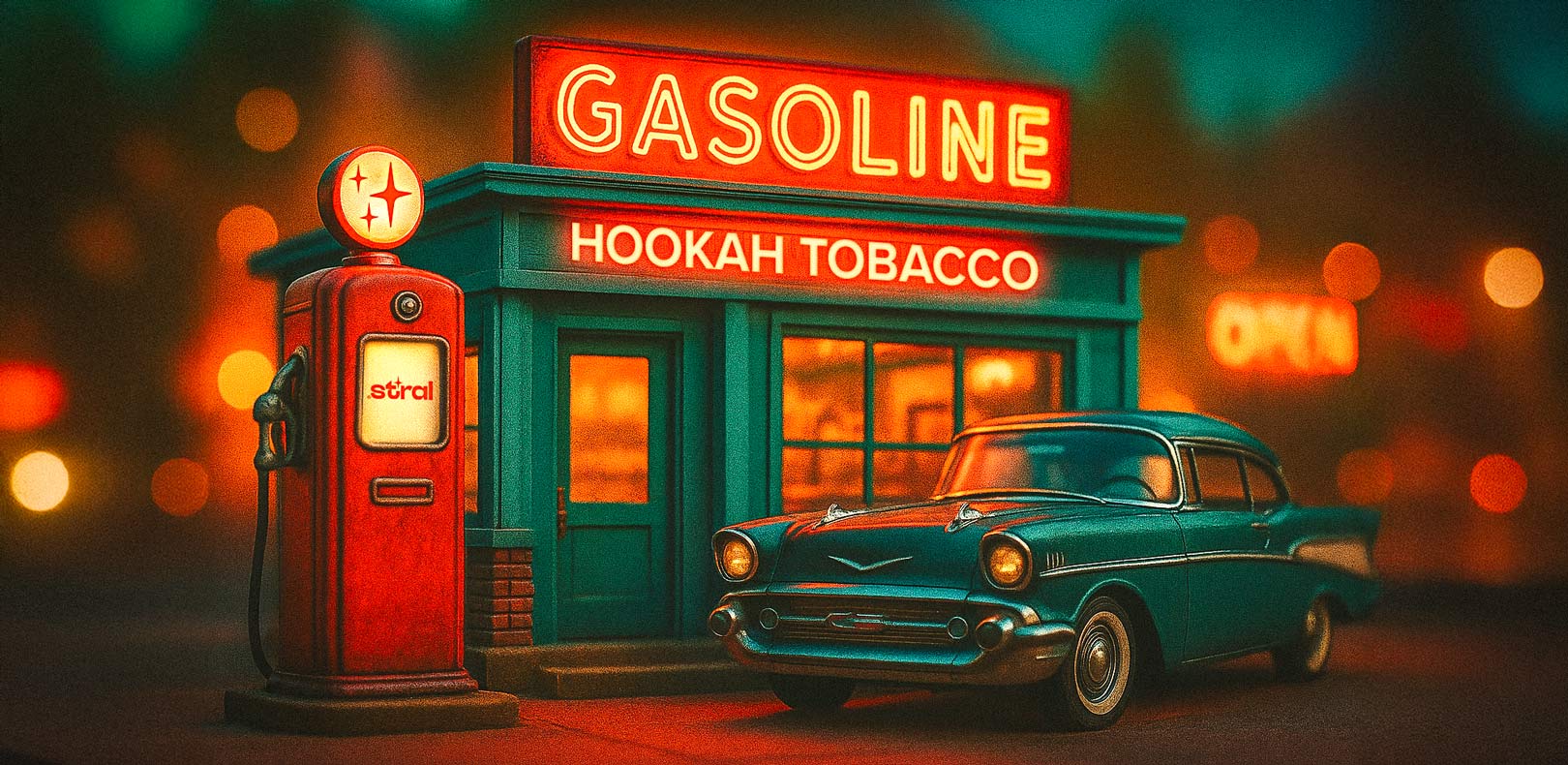 An image of a gas station with stral hookah tobacco