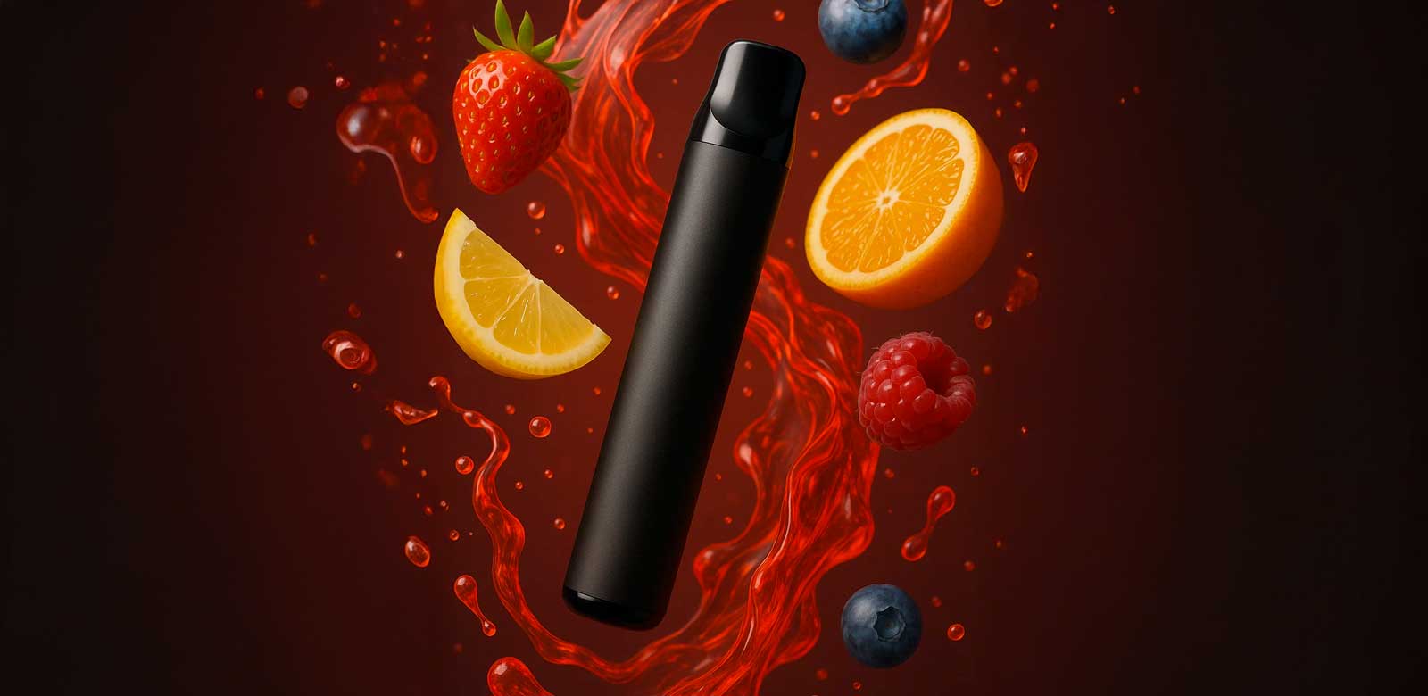 Bild einer Einweg-Vape welche mitten im Bild schwebt mit Früchten und einer roten Flüssigkeit die ebenfalls in der Luft schweben.