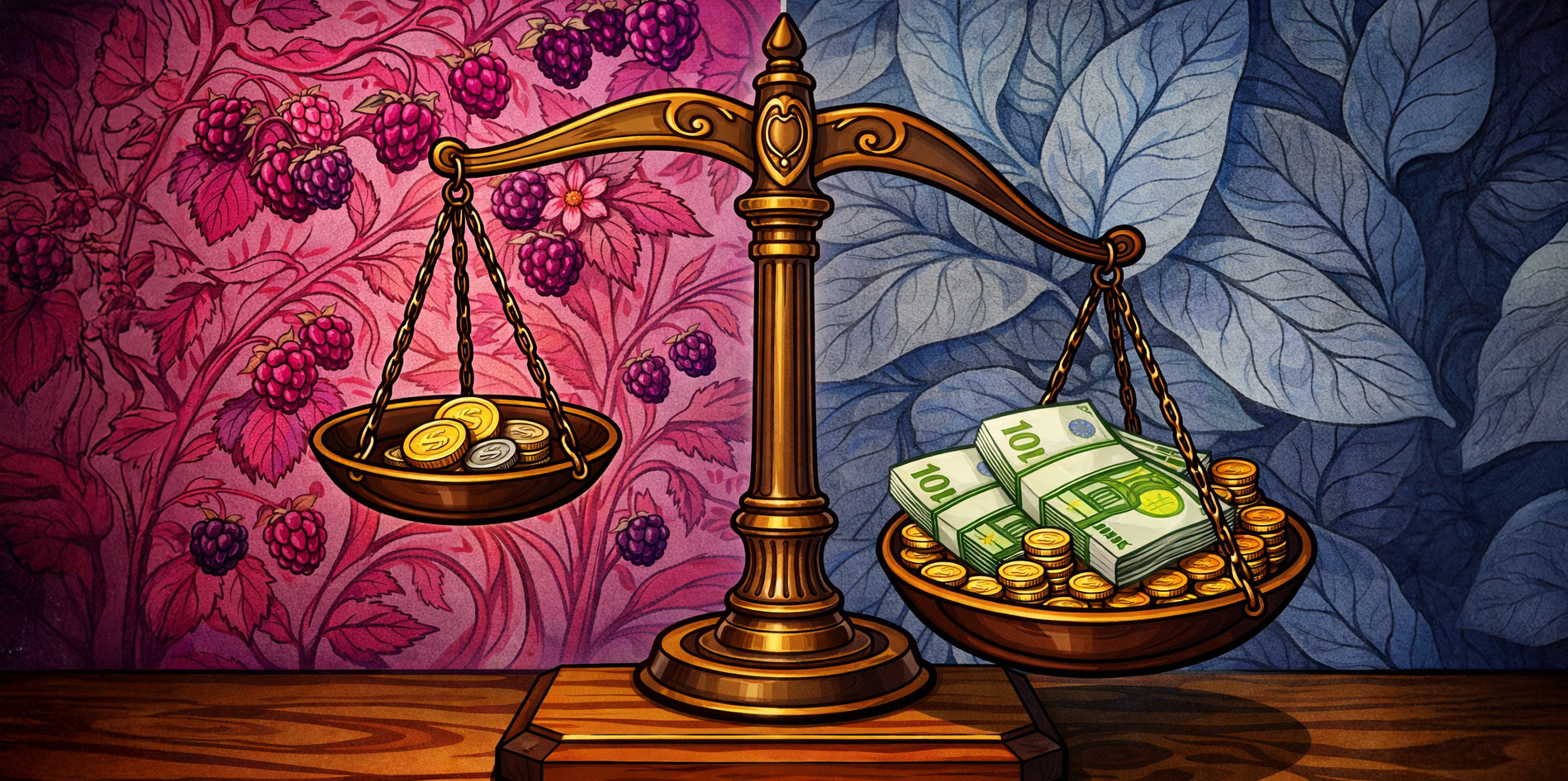 Verschieden große Berge von Geld auf 2 Waagschalen