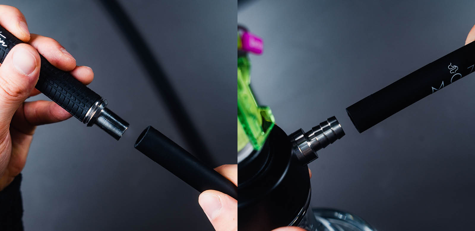 Stecke das Mundstück einfach in den Schlauch, der Schlauch wird am Schlauchanschluss deiner Shisha aufgesteckt.