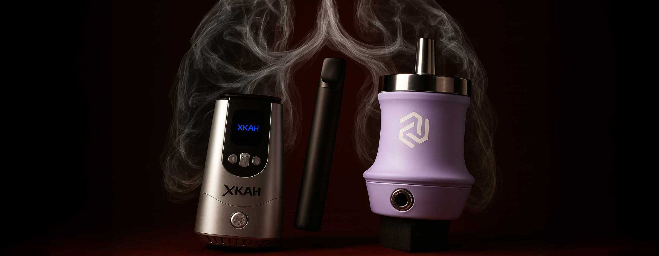 A vape and an XKAH in front of lungs made of smoke