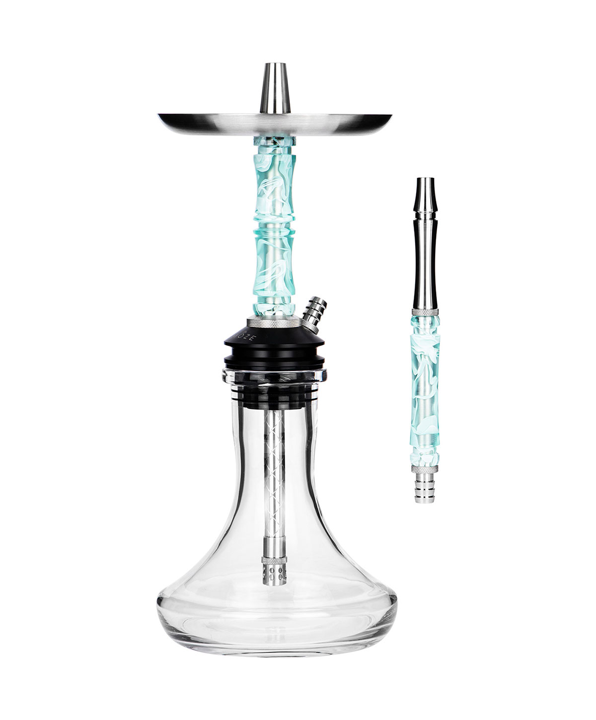 Moze Breeze Two - Wavy Mint Hookah Die Moze Breeze Two Wavy Mint ist eine kleine Shisha mit türkisem Sleeve und mehreren Blowoff-Elementen.