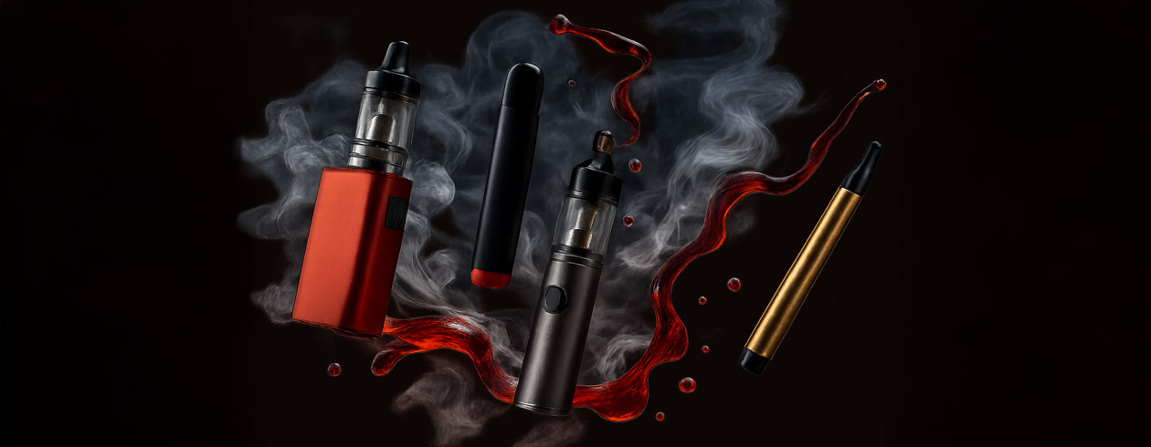 Bild mit verschiedenen Formen von e-Zigaretten mit Rauch und Liquid