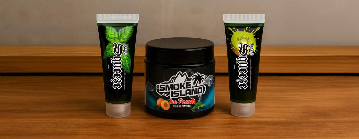 Image with Hookahsqueeze tubes and a can of Smoke Island