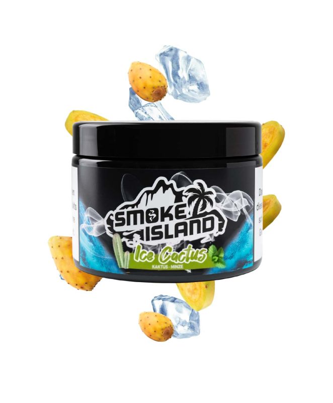 A can of Smoke Island Ice Cactus with flying ice cubes and slices of prickly pear