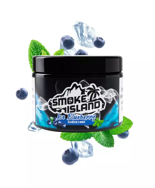 Product image of a Smoke Island Blueberry Ice can with flying blueberries around it